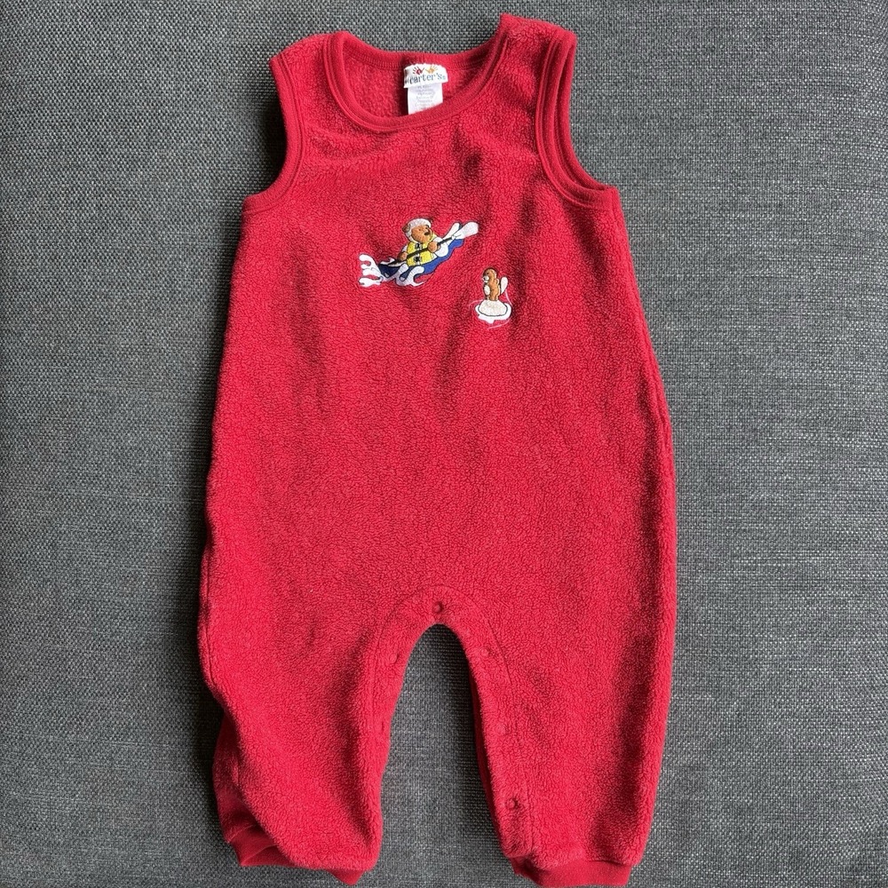 Vintage Y2K Carter's Embroidered Canoe Bear Fleece Romper Overalls Size 12-18M